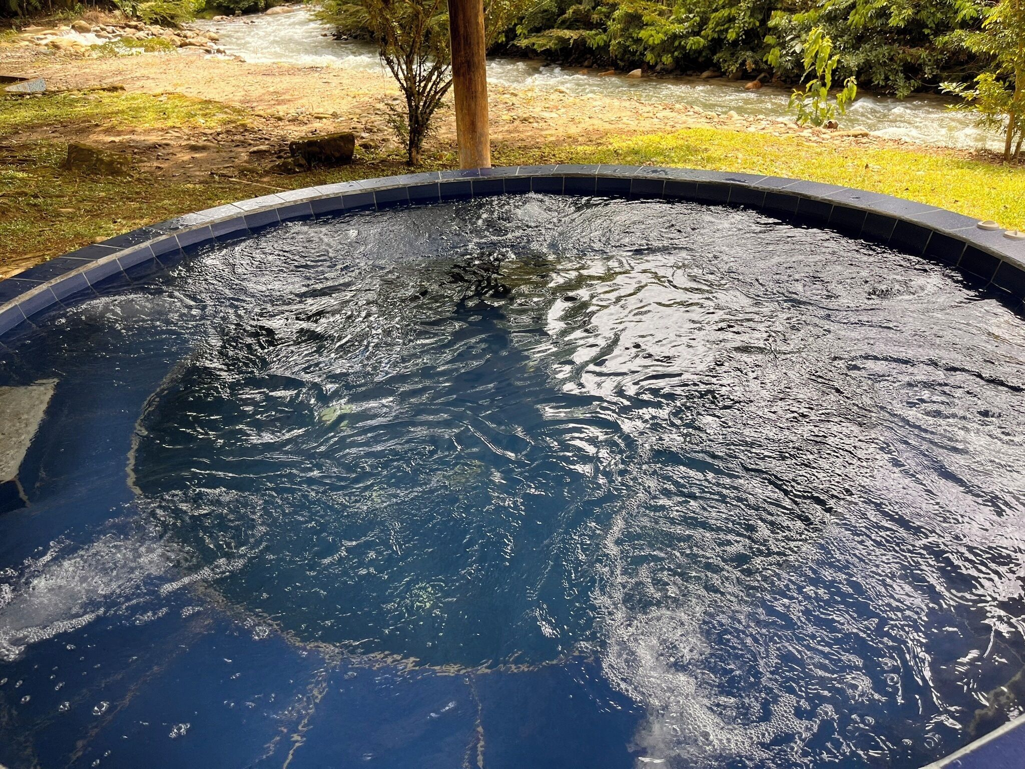 Una piscina con agua cristalina, rodeada de césped y un pequeño arroyo.