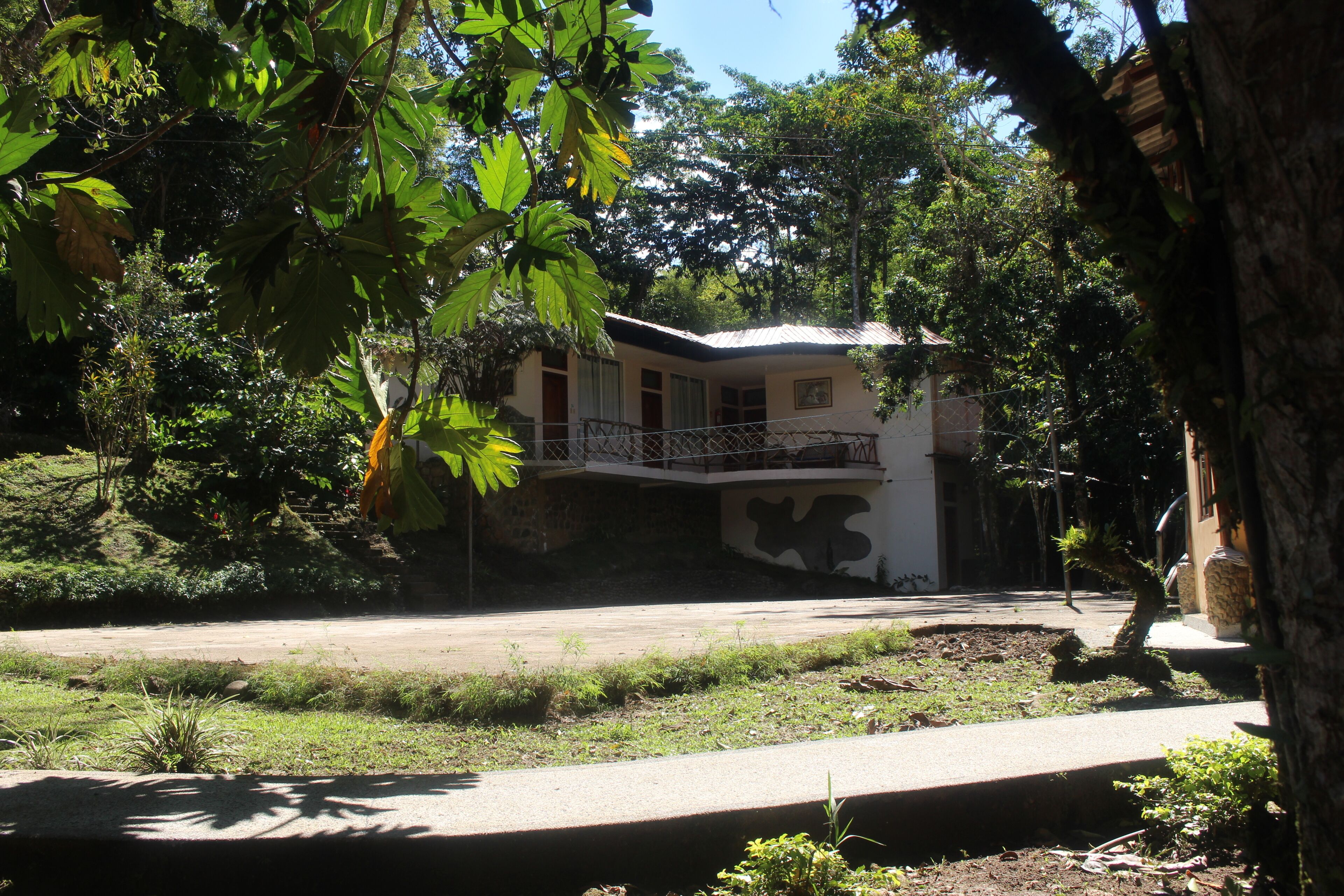 A two-story building with a balcony, surrounded by greenery and trees.
