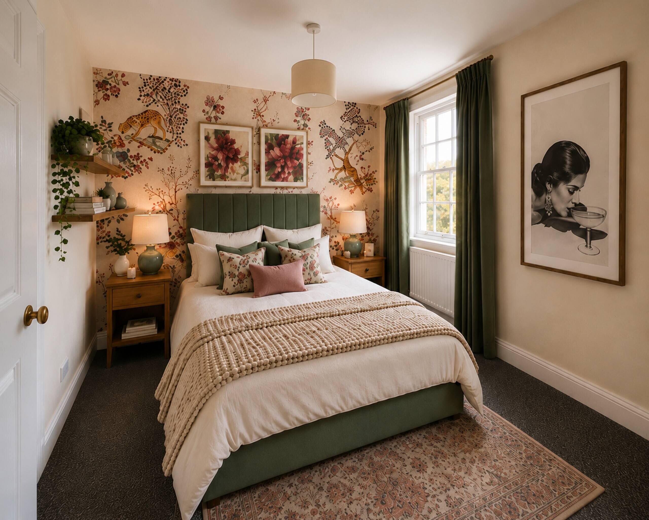 A bedroom with a bed, nightstands, a lamp, a window with curtains, and a wall with floral wallpaper.
