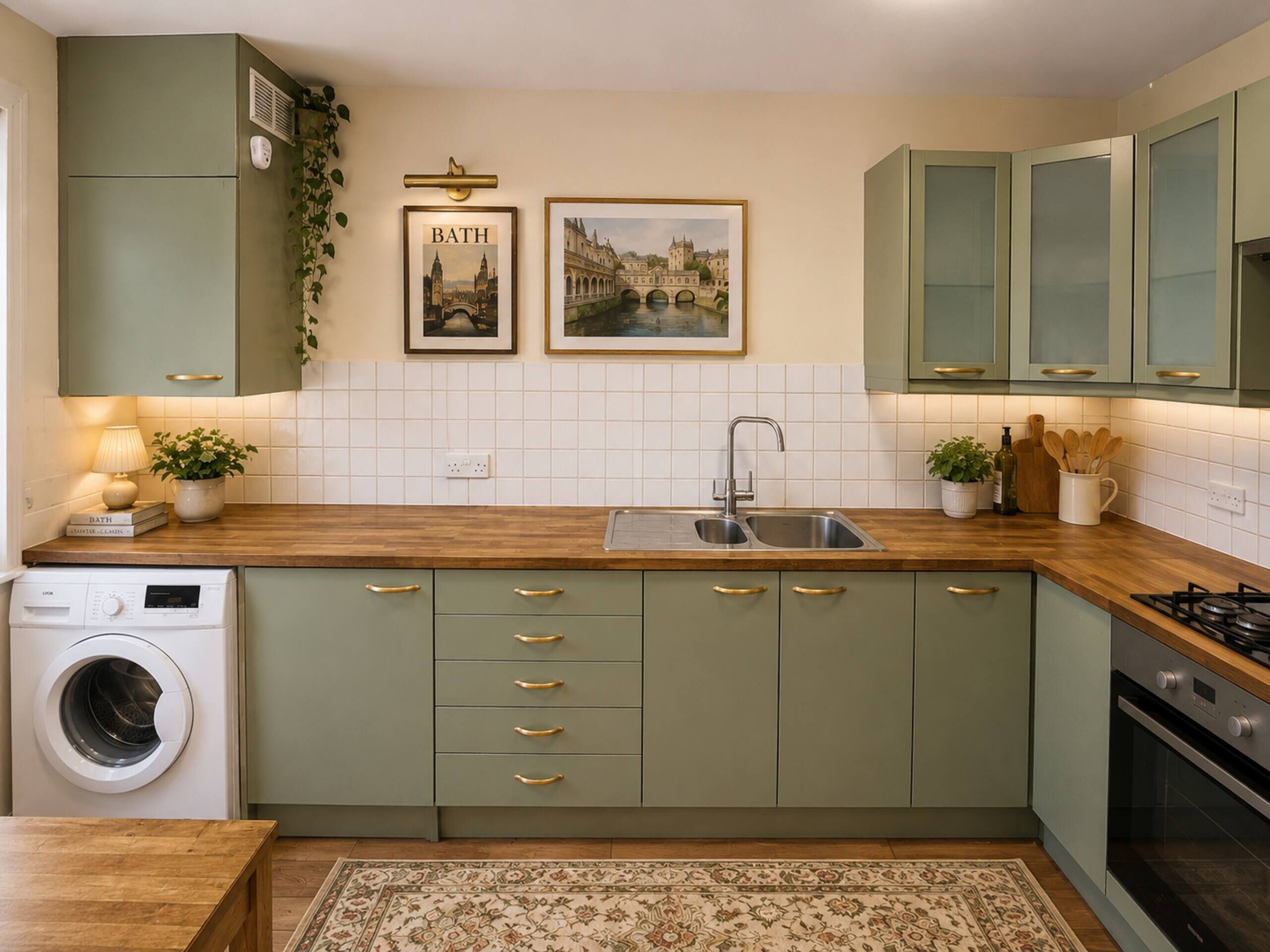 A compact kitchen with a washing machine, a sink, and a stove.