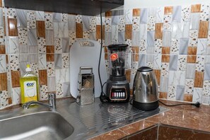 Una cocina con un lavamanos, una licuadora, un hervidor y un rallador.