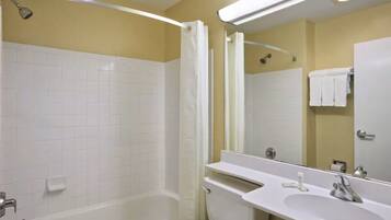 Hair dryer, towels, soap, shampoo