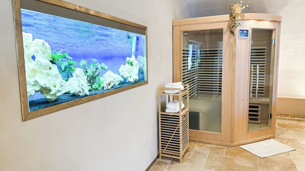 A room with a large aquarium, a sauna, and a wooden cabinet.
