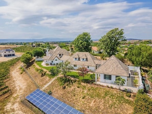 A residential area with modern houses, a vineyard, and a solar panel array. - Spacious 5-bedroom in Temecula Wine Country w/Pool/Spa/Fire pit/View (Temecula)
