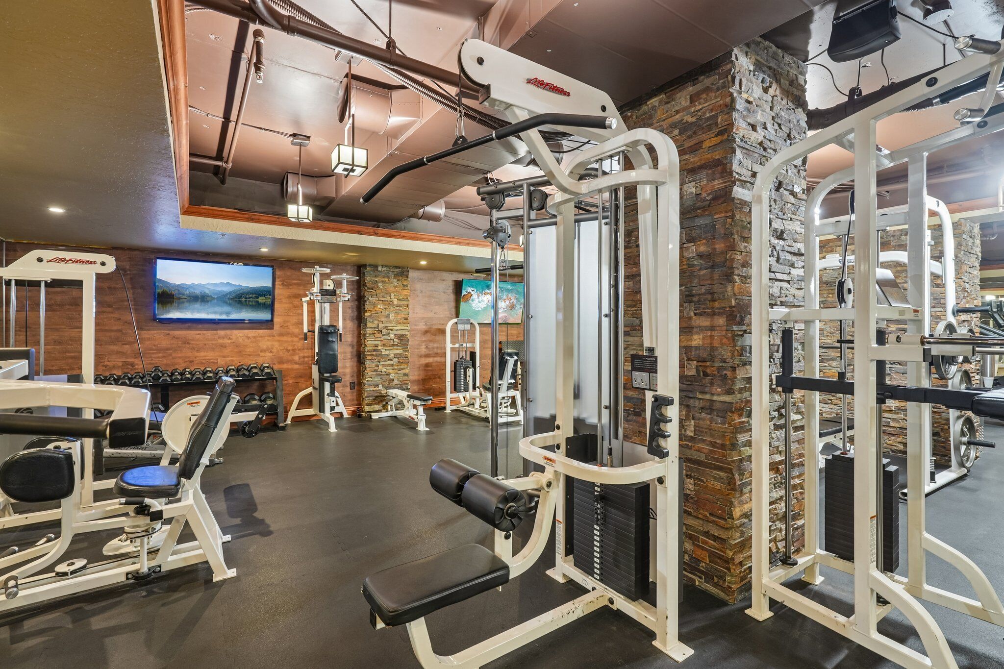 A gym with various exercise equipment, a television mounted on the wall, and a stone wall.