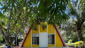 Un bâtiment jaune avec une porte et des fenêtres blanches, entouré d’arbres et bordé d’un chemin de gravier.