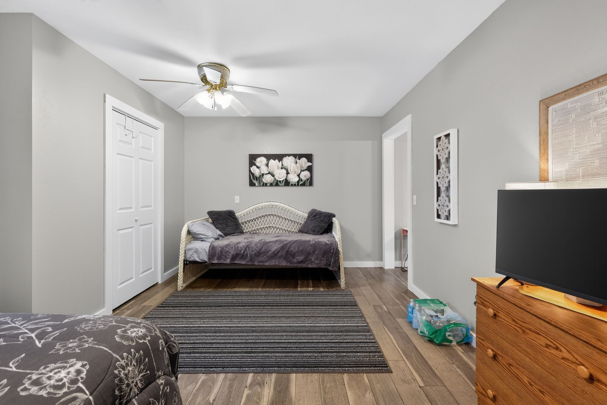 A bedroom with a bed, a ceiling fan, a television, and a framed picture on the wall.