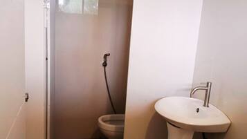 A bathroom with a toilet, a sink, and a shower area.