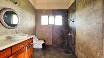 Une salle de bain équipée d’un lavabo, d’un miroir, de toilettes et d’une douche.