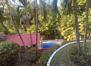 A pool surrounded by tropical vegetation and a red-roofed structure. - Private Mountain Villa | Pool | River | Near Minca (Santa Marta)