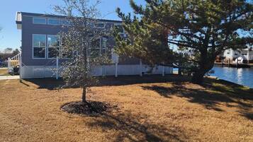 A modern two-story building with a white fence and a tree in front.