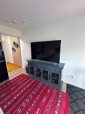 Un salon moderne avec un téléviseur à écran plat posé sur un meuble, un tapis à motifs et une porte en bois.