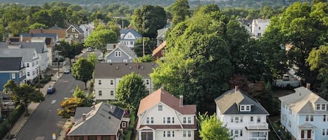 A residential area with houses, a street, and a distant city skyline.