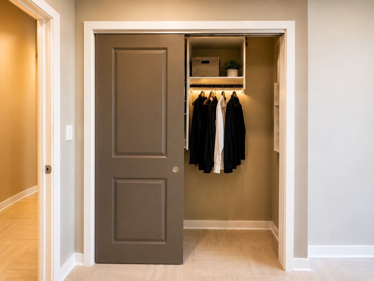 Ein begehbarer Kleiderschrank mit Kleiderstange und Regalen.
