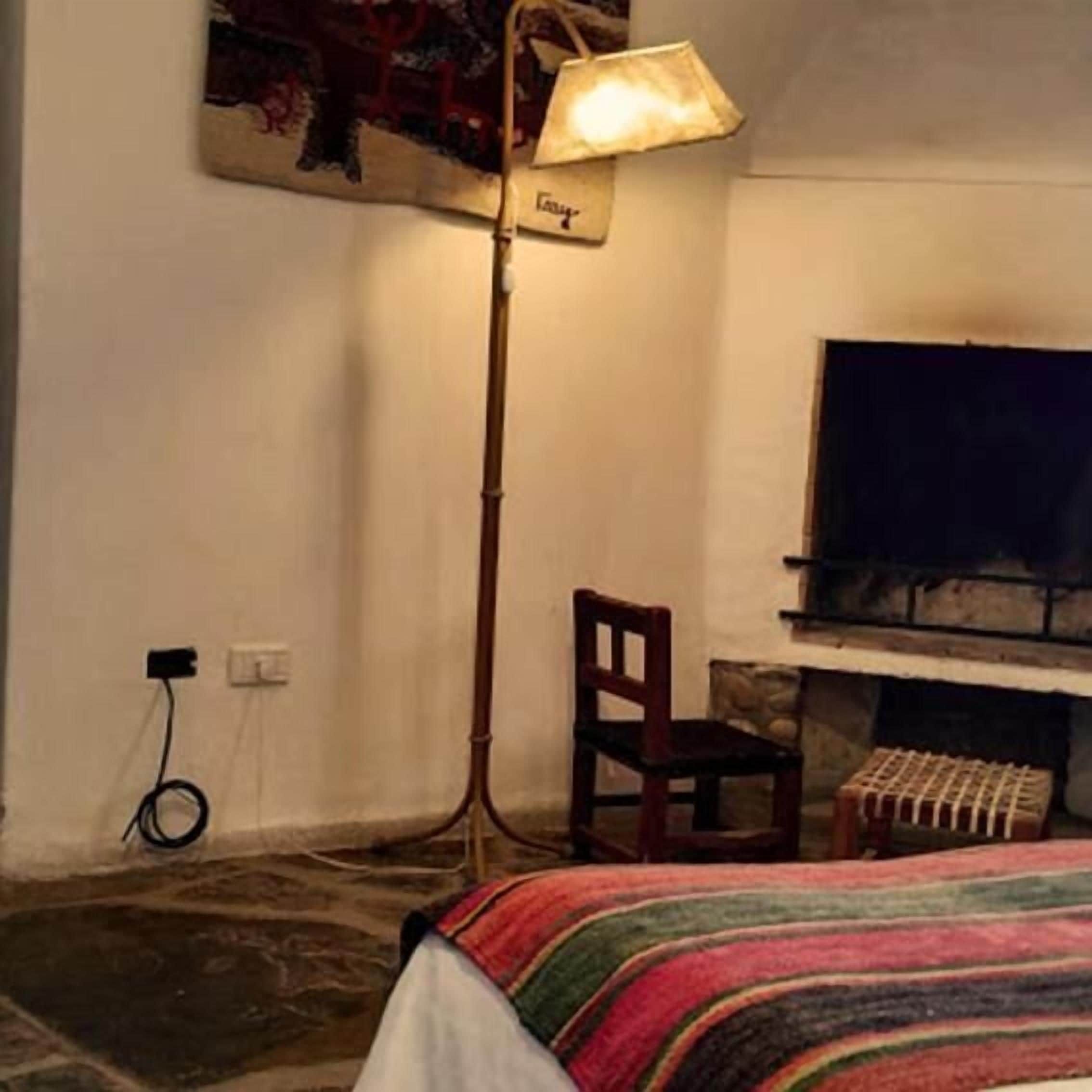 Ein Zimmer mit einem Bett, einer Stehlampe, einem Fernseher und einem Kamin.