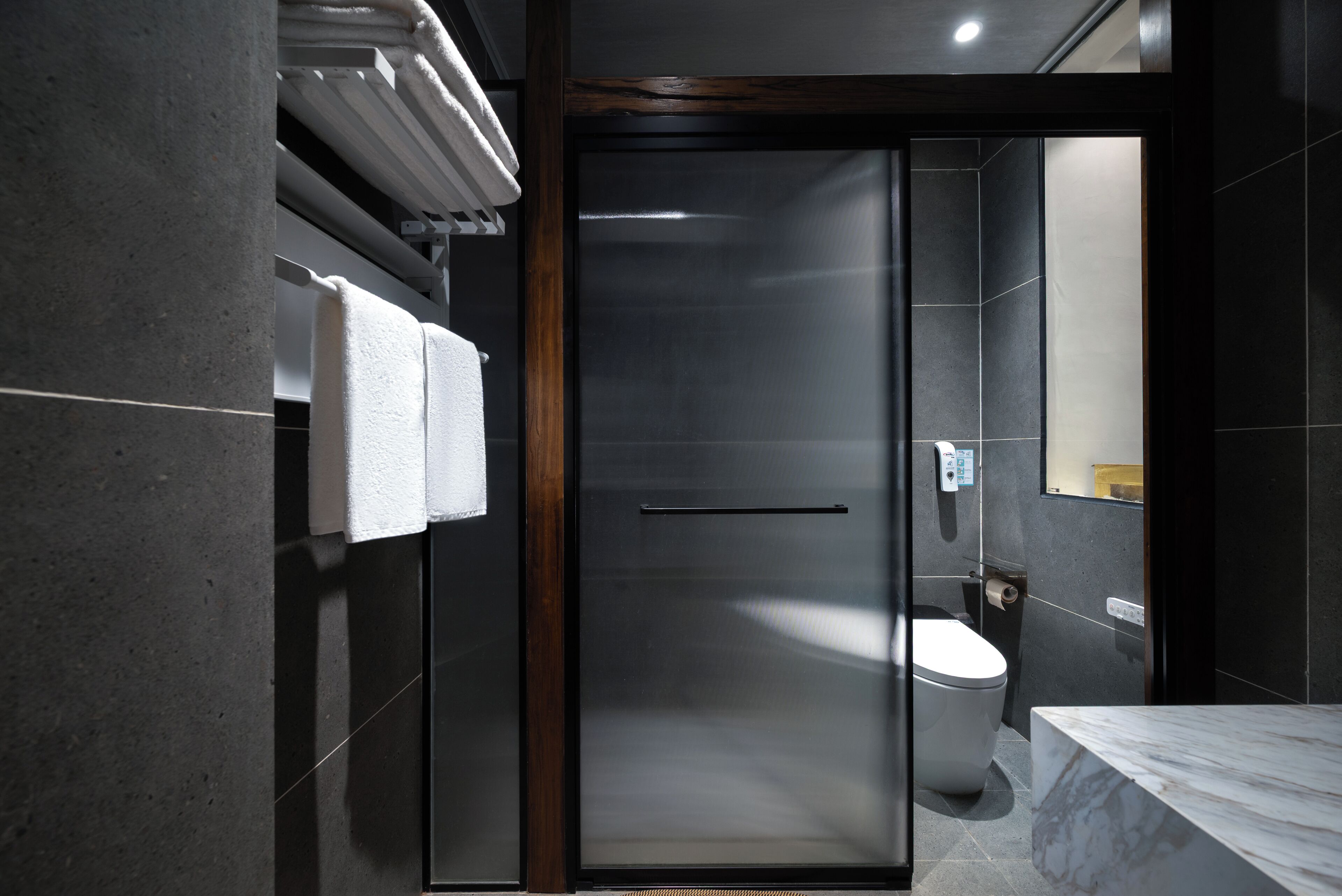A modern bathroom with a glass shower enclosure, a toilet, and a marble countertop.