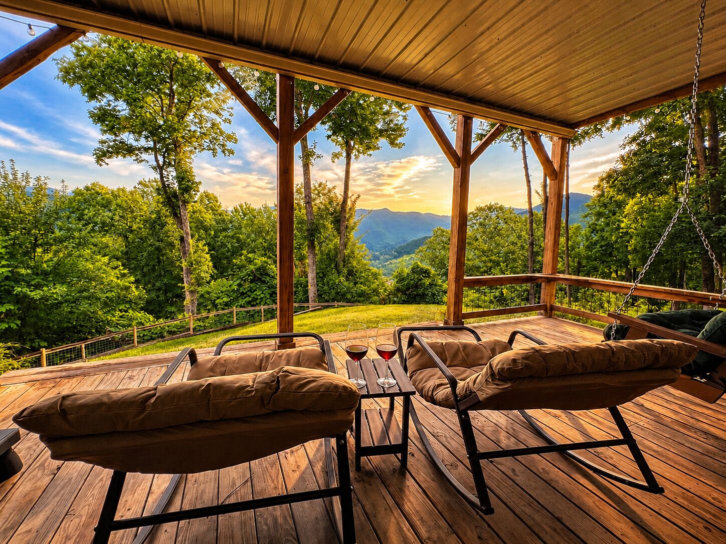 A wooden deck with outdoor seating and a view of a mountainous landscape.