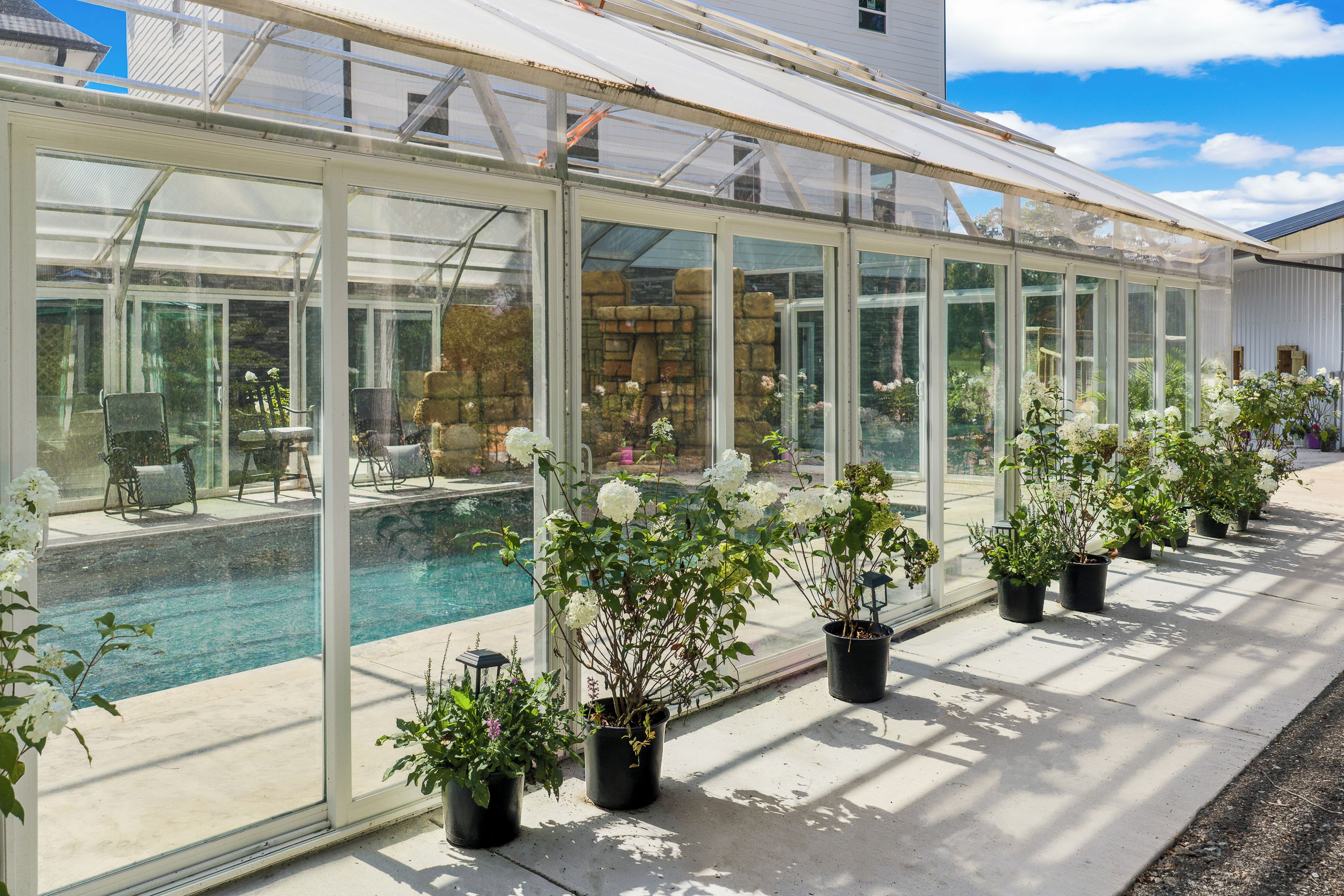 Une serre avec une structure en verre, une piscine et des plantes en pot.