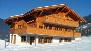 A multi-story wooden building with balconies, set against a snowy landscape. - Morgenstern Appartement/Fewo, Dusche, WC, 1 Schlafraum 4-Bett-Wohnung by Interhome (St Stephan)