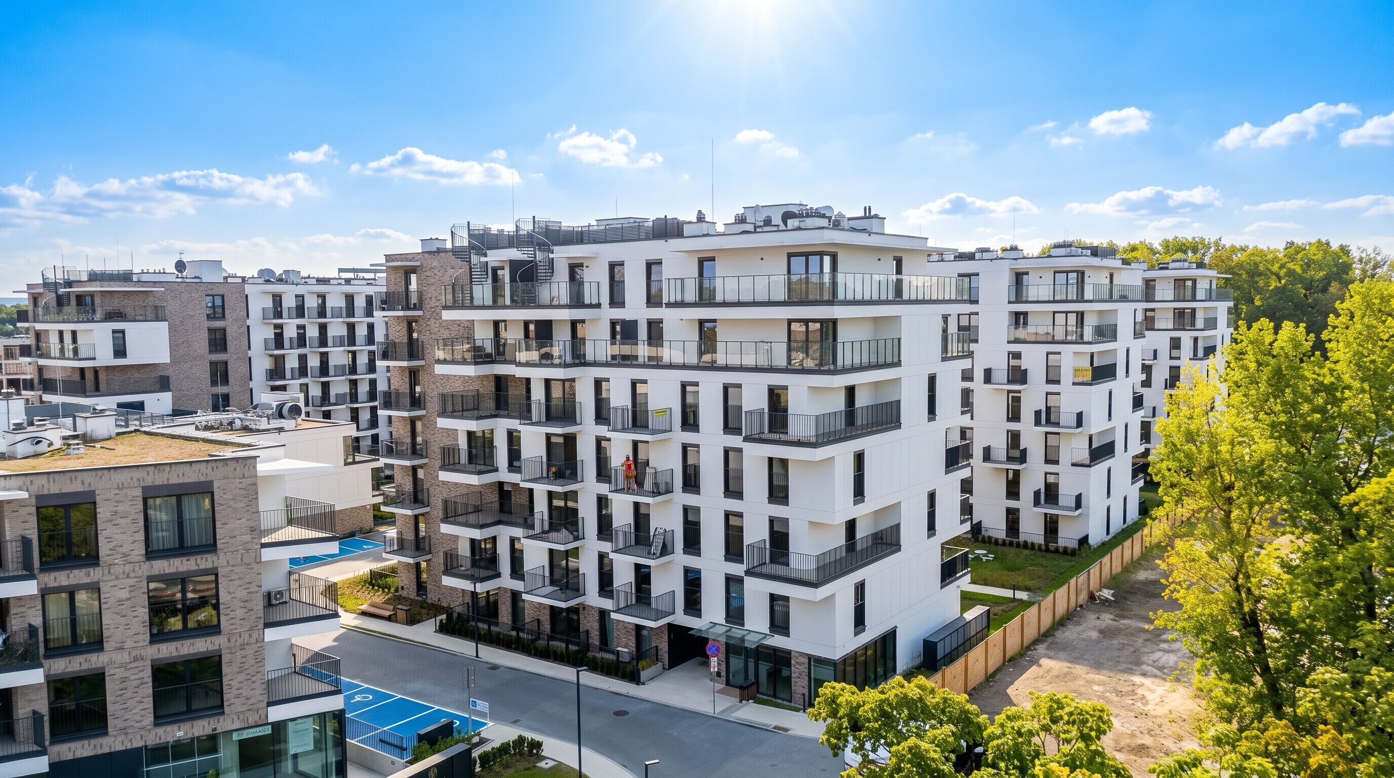 Um edifício residencial com vários andares, varandas, área de estacionamento e céu claro.