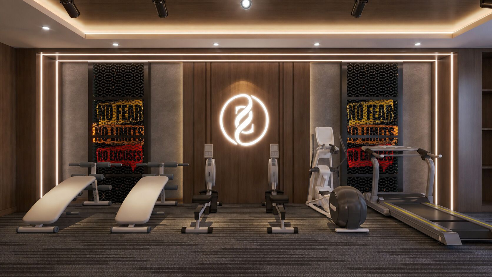 Un gimnasio moderno con diversos equipos de ejercicio, incluyendo cintas de correr y máquinas de pesas, y decoración mural motivacional.