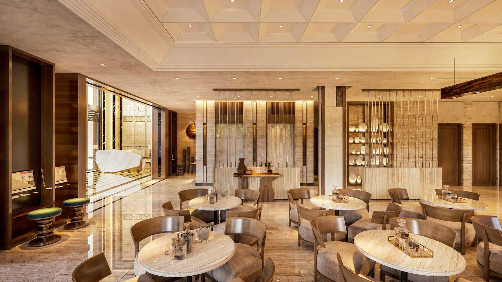 A modern hotel lobby with multiple round tables and chairs, a reception desk, and a decorative wall with patterned panels.