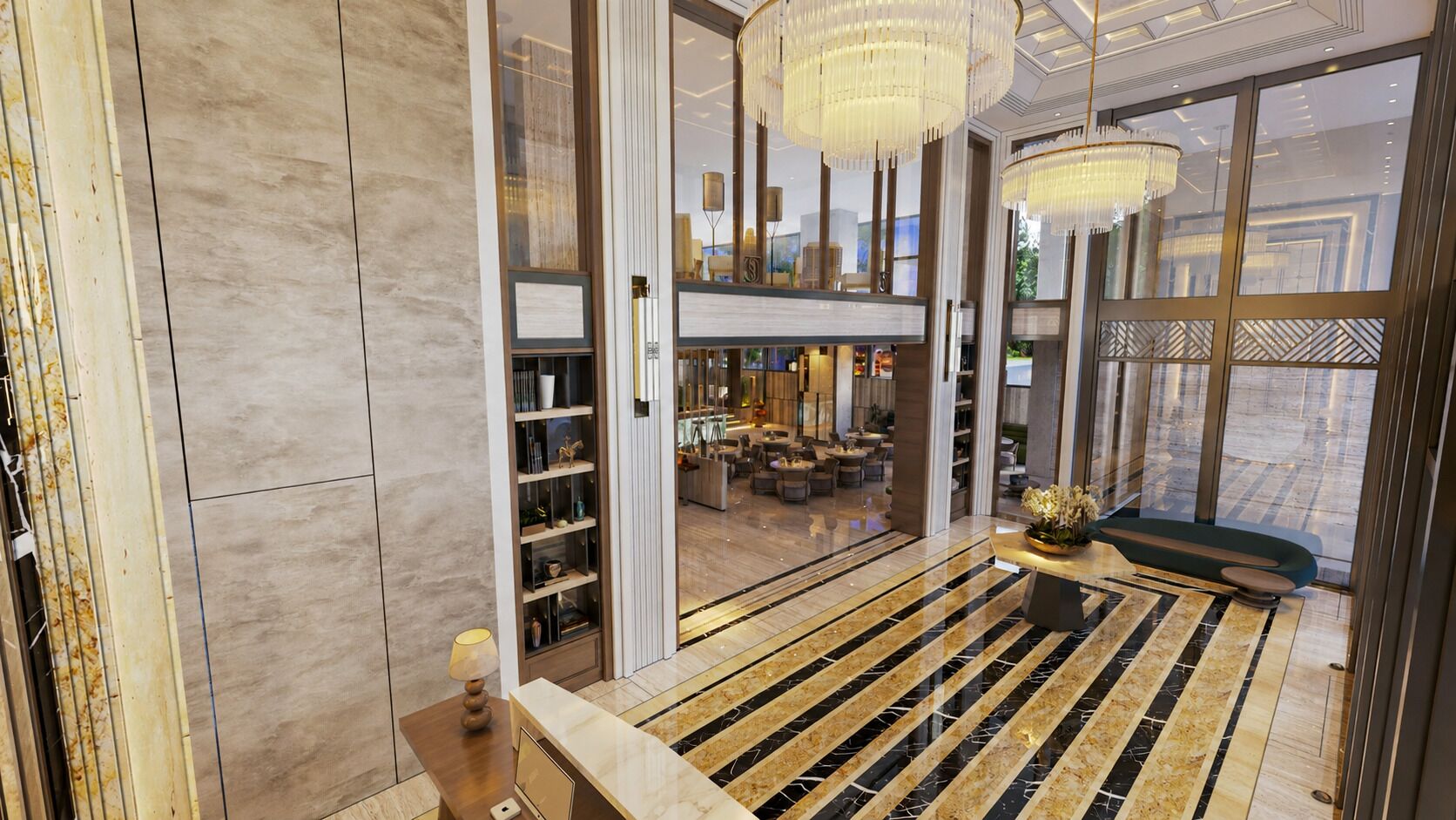 A spacious lobby with a marble floor, a seating area, and a view into a dining room.