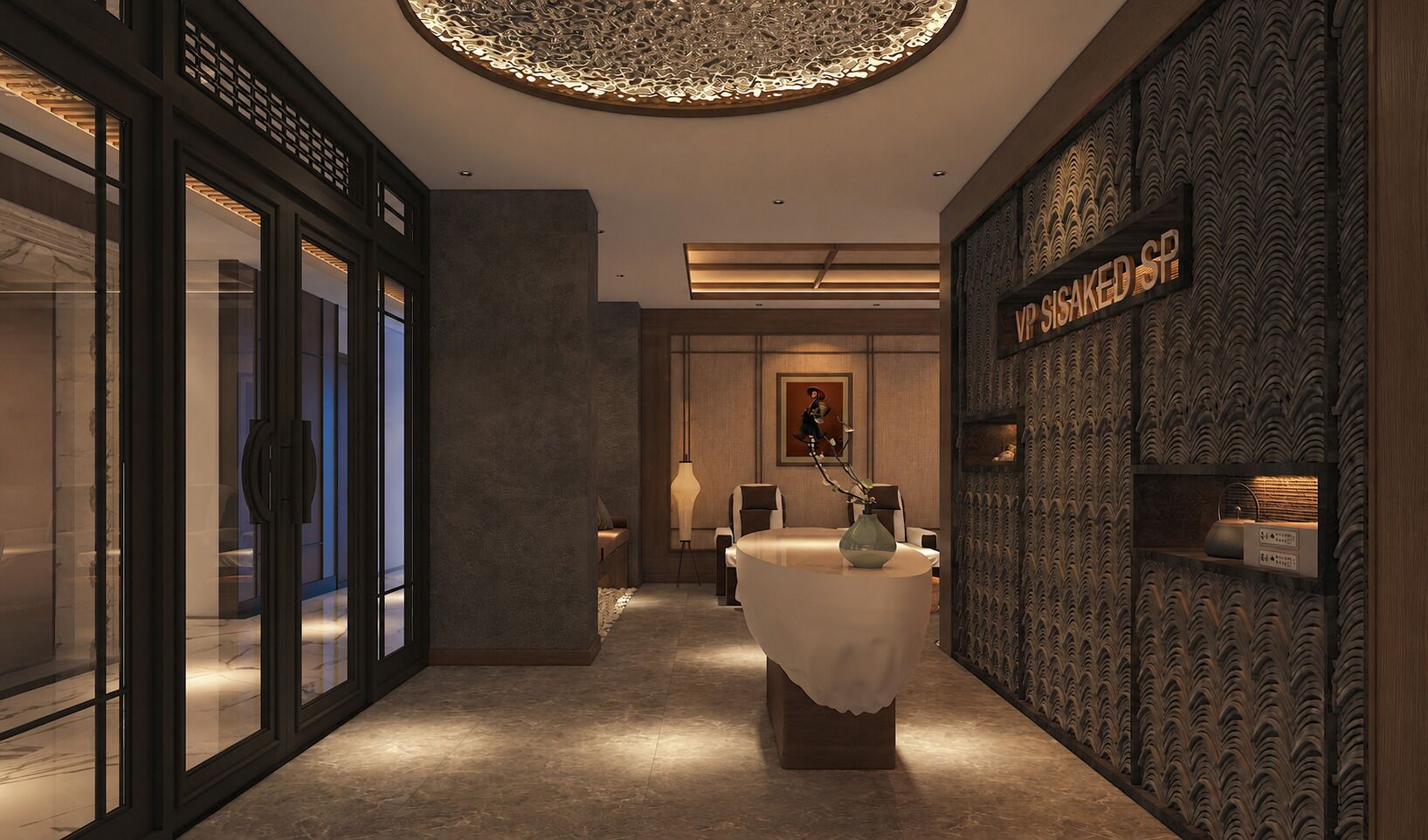 A hallway with a round ceiling light, a reception desk, and a patterned wall.
