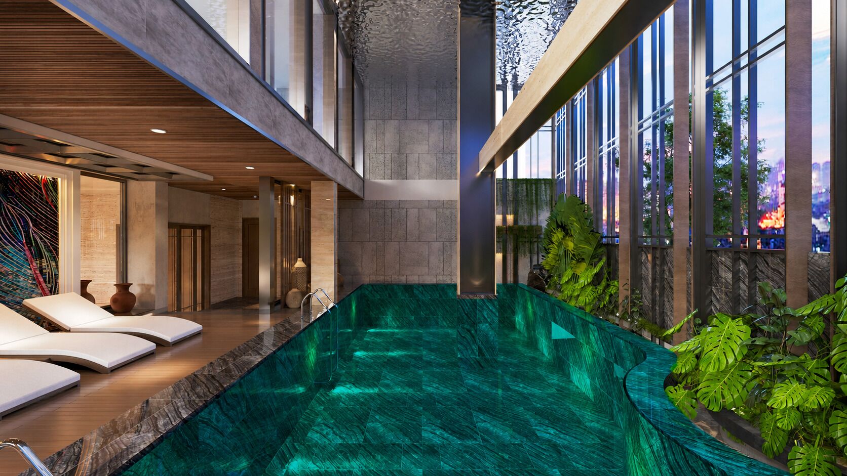 Una piscina interior con sillas de descanso, una pared de vidrio y vistas a la ciudad.