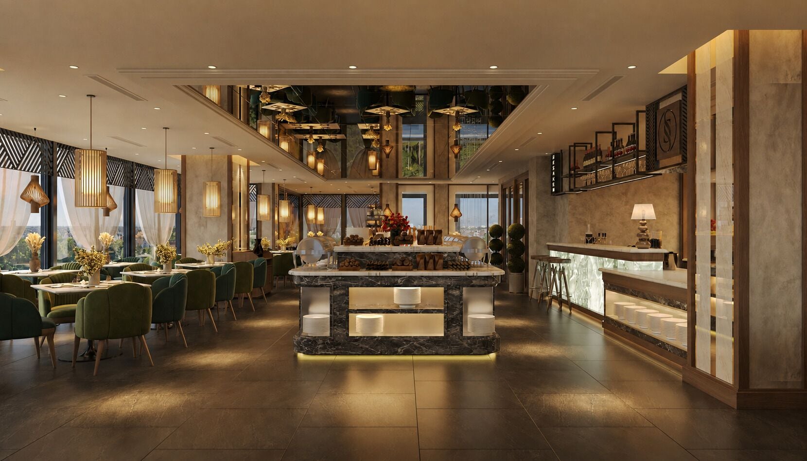 A modern hotel lobby with a central bar, seating areas, and a view of the city.