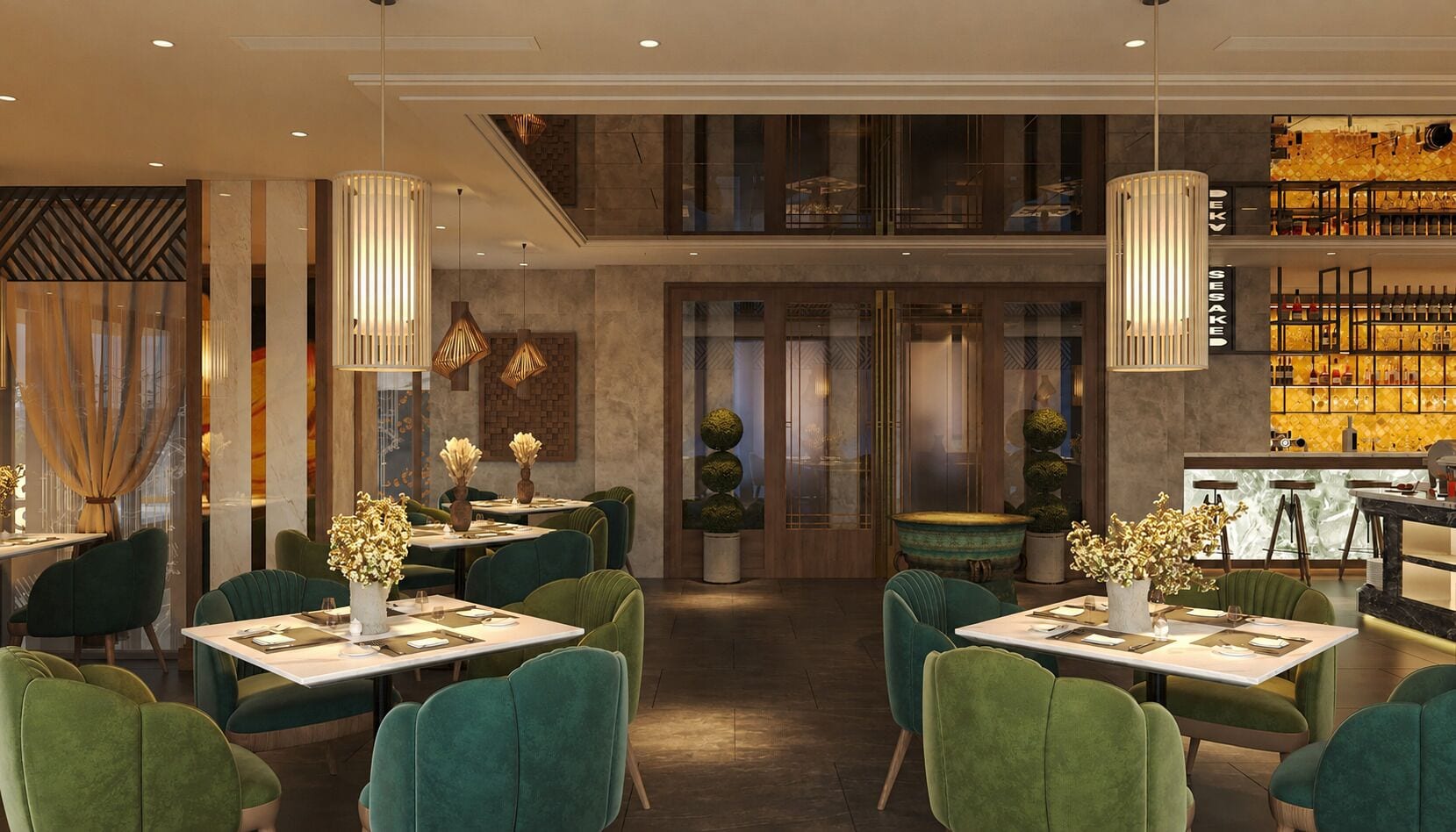 A restaurant with green upholstered chairs, white tables, and decorative vases.