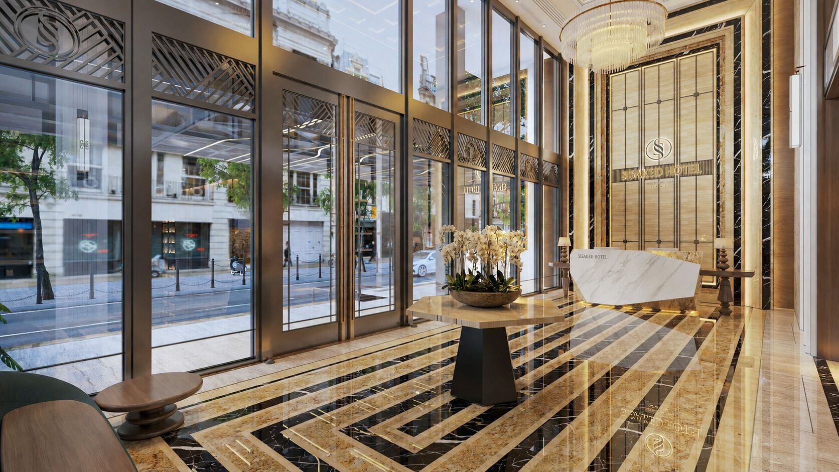 Un vestíbulo de hotel con ventanas amplias, un mostrador de recepción de mármol y una lámpara de araña moderna.
