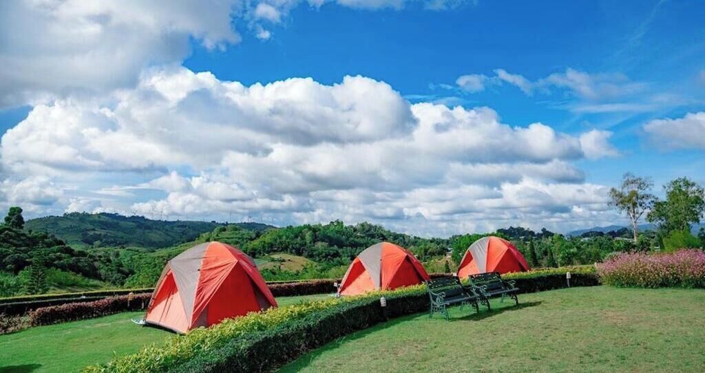 Tres tiendas de campaña rojas en un campo verde con un banco y un seto al frente, bajo un cielo parcialmente nublado.