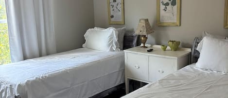 Habitación de hotel con dos camas, ventilador de techo, unidad de aire acondicionado, mesita de noche con lámpara e impresiones botánicas enmarcadas en la pared.