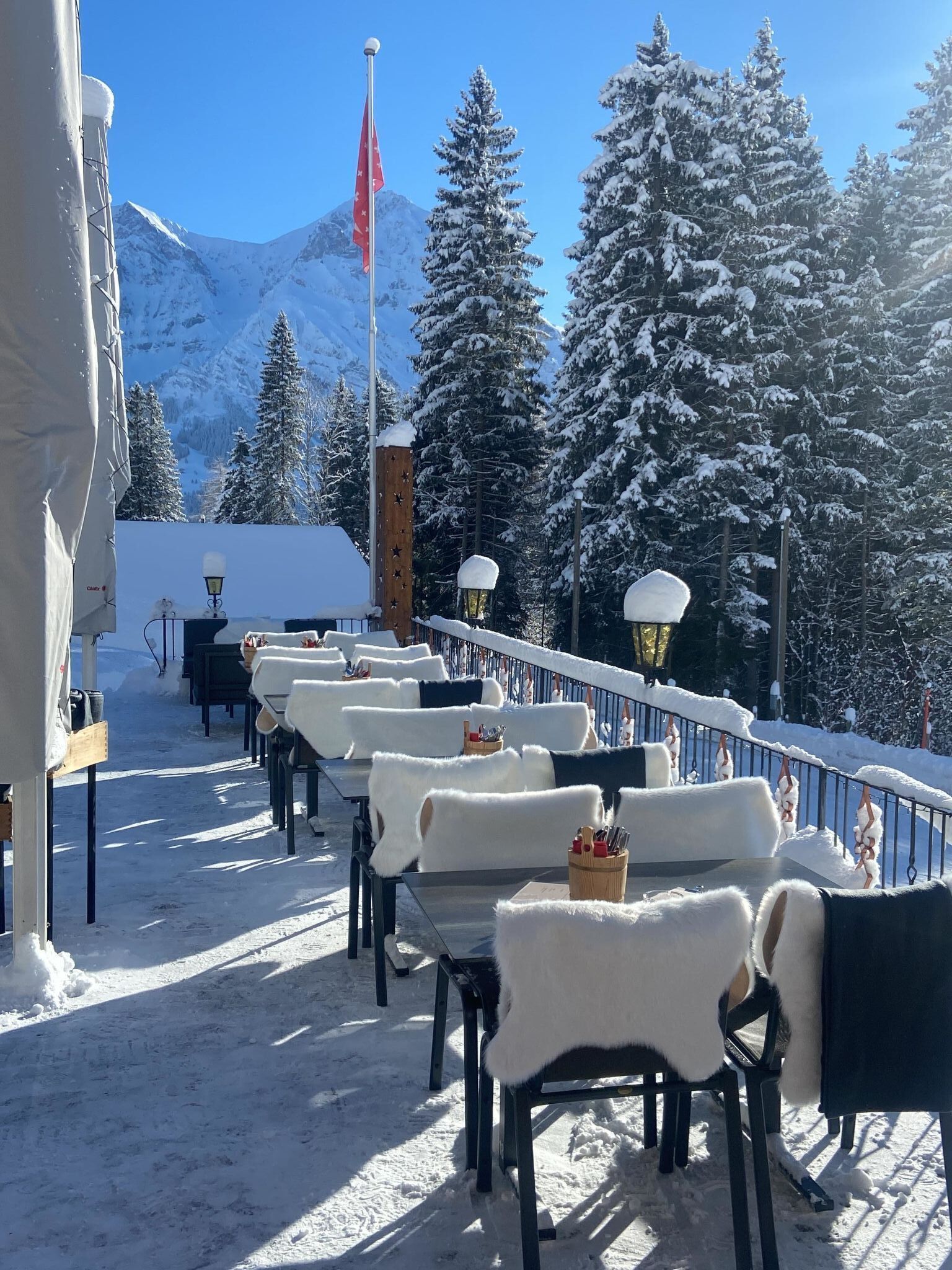 Un área al aire libre cubierta de nieve con mesas y sillas, una bandera y árboles cargados de nieve.