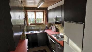 Une cuisine compacte dotée d’appareils électroménagers modernes, d’une fenêtre laissant entrer la lumière naturelle et d’un tapis à motifs.