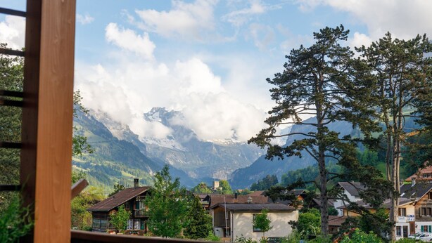 Un pueblo de montaña con casas tradicionales, un árbol destacado y vistas de montañas nevadas.