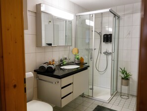 A modern bathroom with a glass-enclosed shower, a sink with a mirror above, and a toilet. - Mountain View Appartement/Fewo, Dusche, WC, 3 Schlafräume 4.5 Zimmer-Wohnung by Interhome (Frutigen)