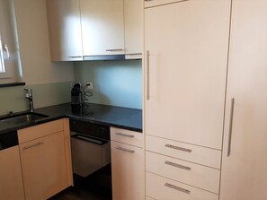 A compact kitchen with a dishwasher, a sink, and cabinets. - Walt-Elis Appartement/Fewo, Bad, WC, 2 Schlafräume 3-Zimmerwohnung by Interhome (Adelboden)