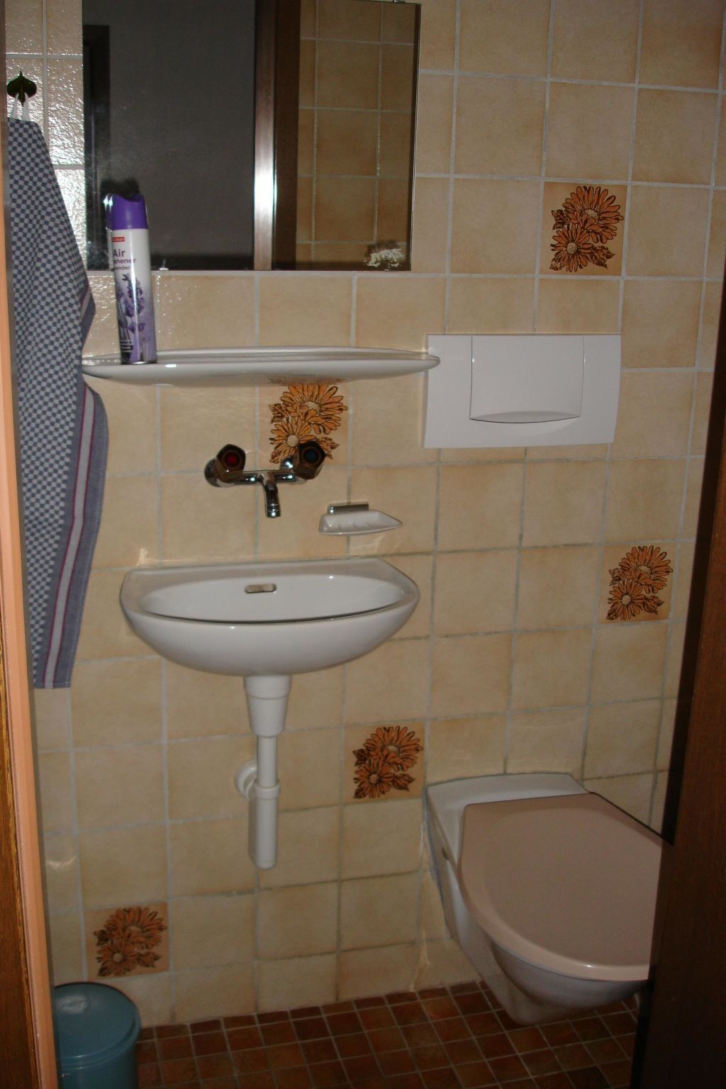 A bathroom with a white sink, a toilet, and a mirror above the sink.