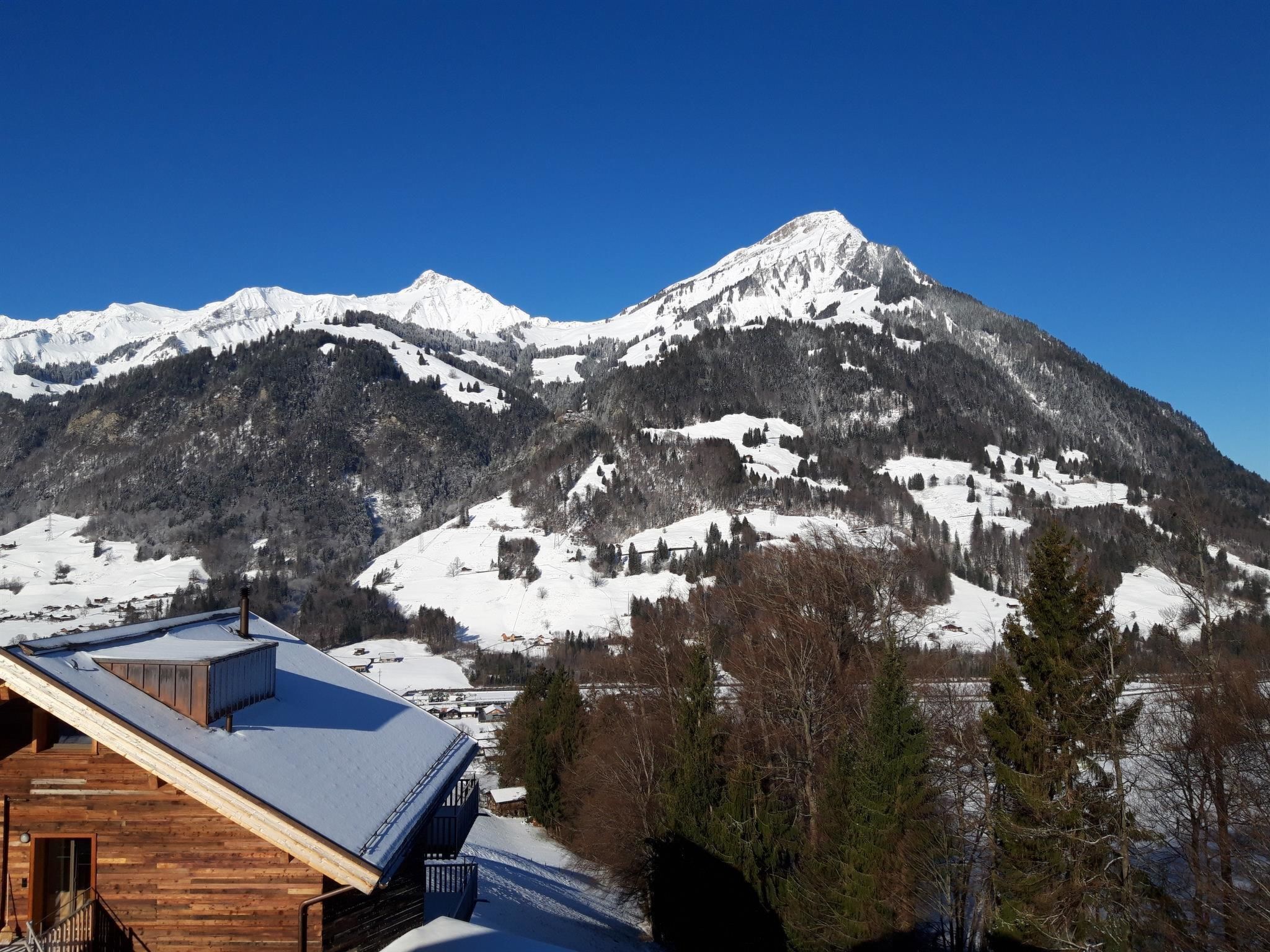 Un paysage de montagne avec une cabane en bois au premier plan.