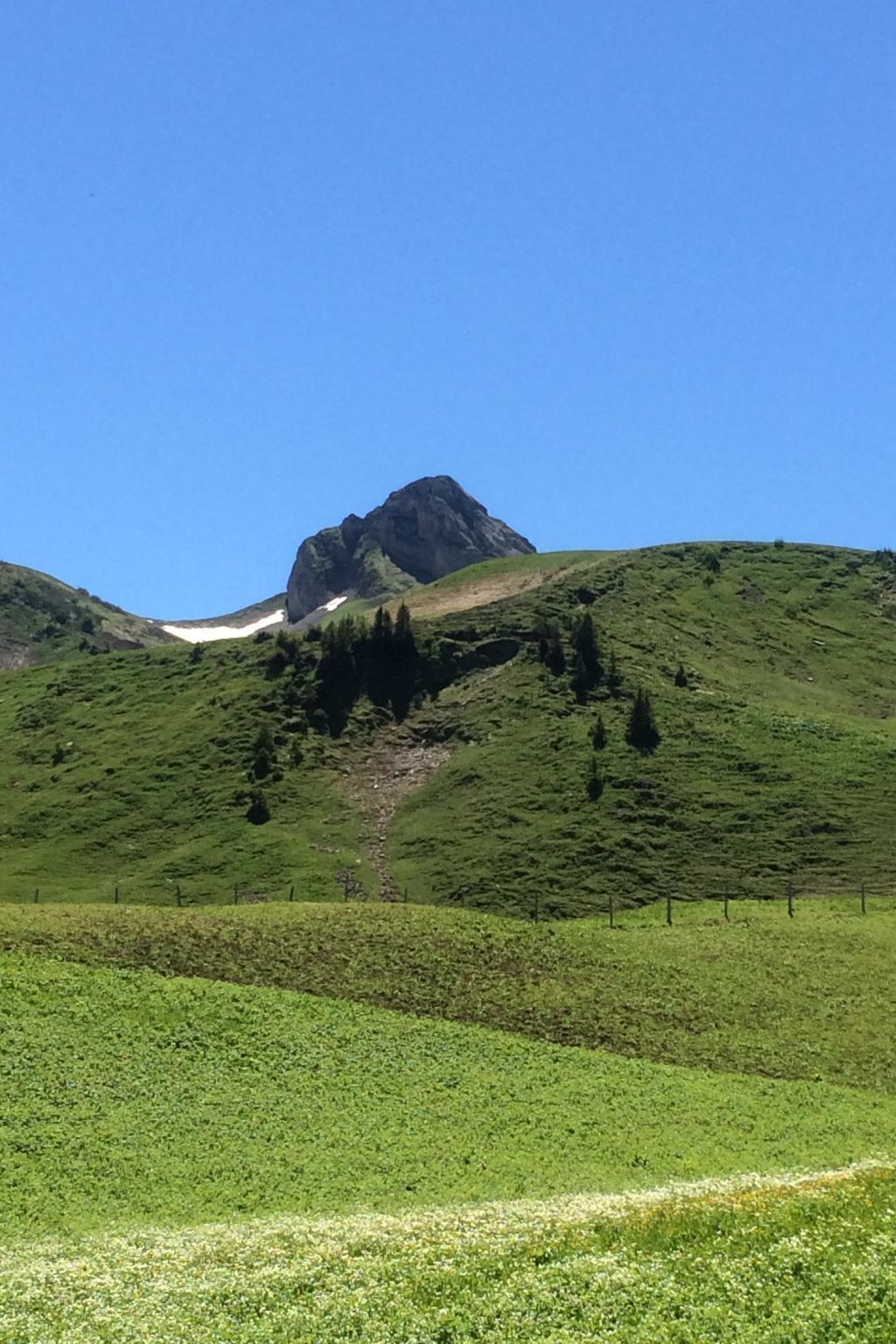 Paisagem montanhosa com um pico imponente, céu claro e um campo cercado.