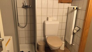 Ein Badezimmer mit Dusche, Toilette und Heizkörper.
