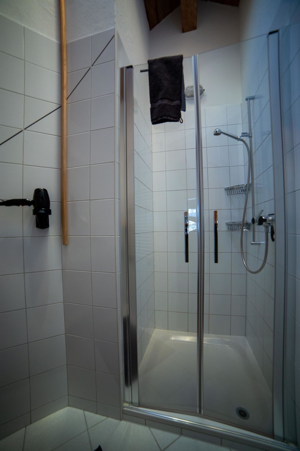 Ducha con cerramiento de vidrio, cabezal de ducha manual y grifo de mano.