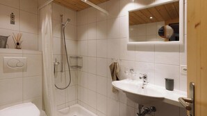 A bathroom with a shower, toilet, sink, and mirror. - Gästehaus Alpengruss Appartement/Fewo, Dusche, WC, 1 Schlafraum by Interhome (Adelboden)