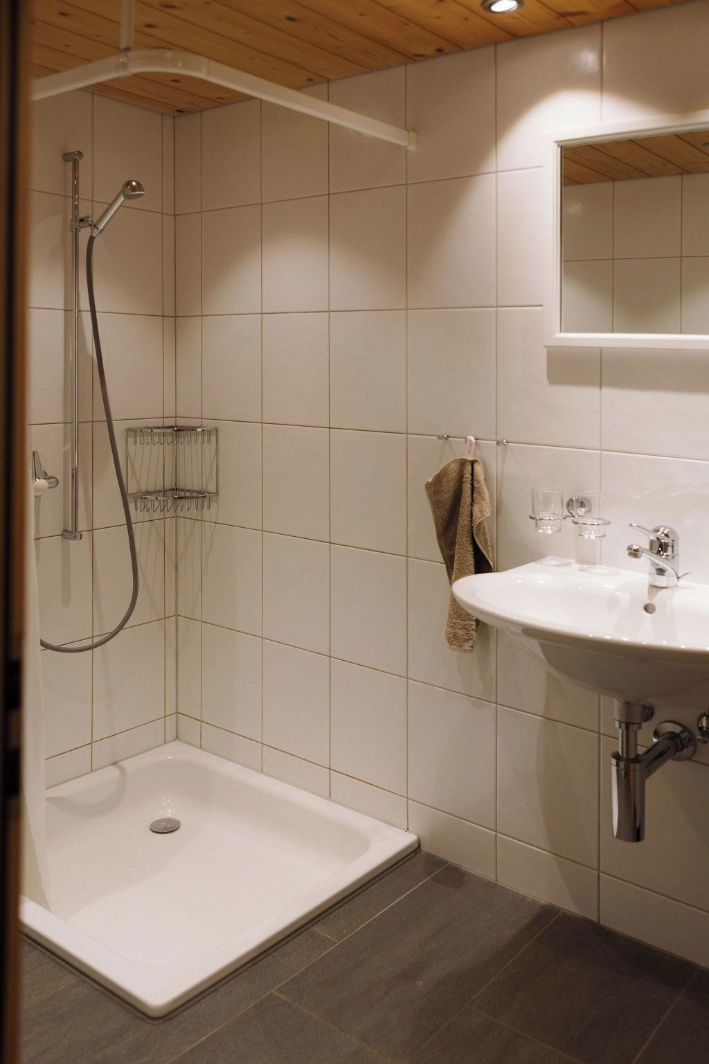 Un baño con ducha, lavamanos y espejo.