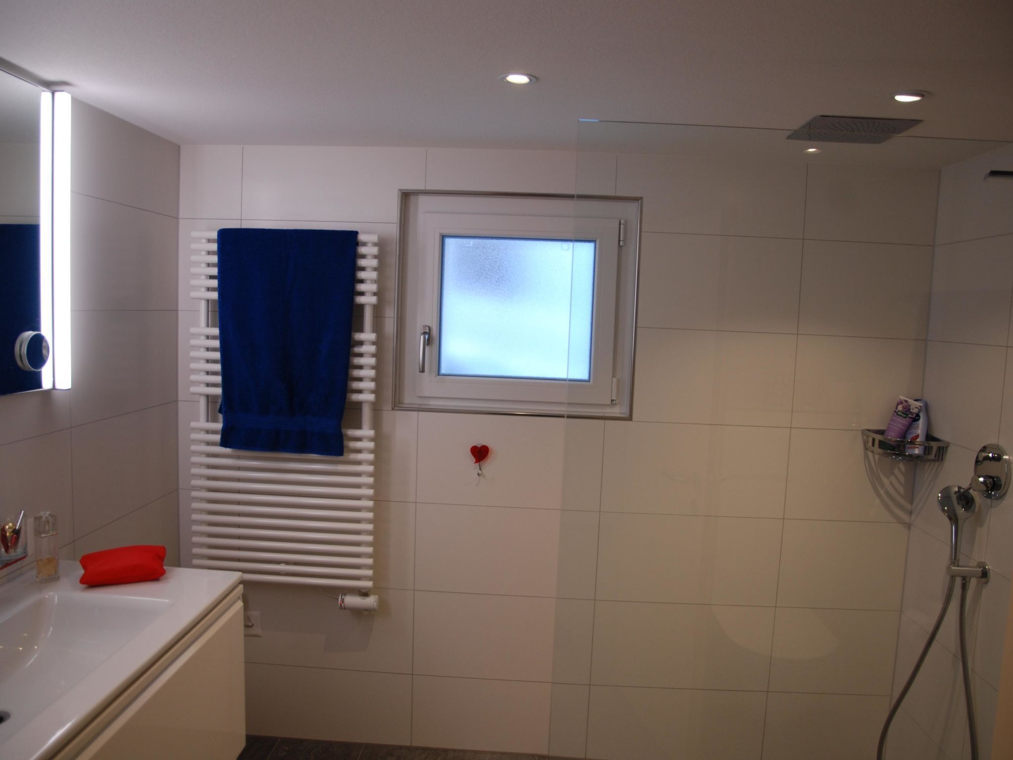 Une salle de bain avec un lavabo blanc, un tapis de bain rouge, une serviette bleue, une fenêtre et un espace douche.
