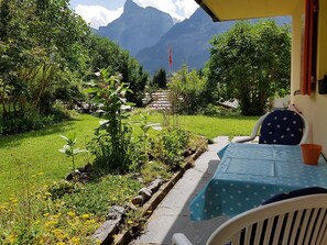 Eine Terrasse mit Tisch und Stühlen, mit Blick auf einen Garten mit verschiedenen Pflanzen und einer Bergsicht.