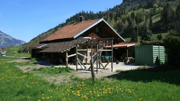 Eine Holzhütte mit roten Ziegeln auf dem Dach, umgeben von einer grünen Wiese und einem bewaldeten Berg im Hintergrund.