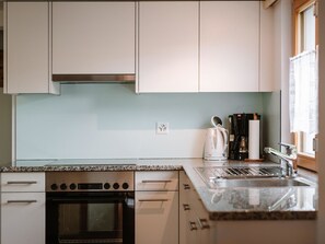 Een moderne keuken met witte kastjes, een roestvrijstalen fornuis, een ingebouwde oven, een granieten aanrechtblad en een raam met uitzicht.